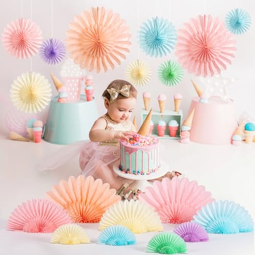 Image of 9PCS Huge Pastel Hanging Paper Fans Decoration Macaron Birthday Party Decorations Rainbow Ice Cream Easter Paper Hanging Decor for Bridal Baby Shower Classroom Home Decor