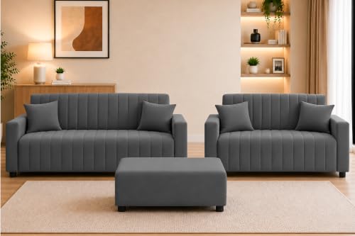 Image of Rosebell 3+2 Fabric Sofa Set with Ottoman | Premium Upholstery 5 Seater Sofa | with Printed Cushions | Living Room Furniture | - Grey Color