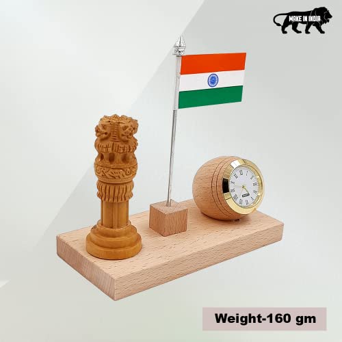 Image of WOOD HOUSE Flag Stand for Office Table, Wooden Flag Stand with Ashoka Pillar & Clock, Wooden Flag Stand with Clock for Office Table Stylish (WH-55)
