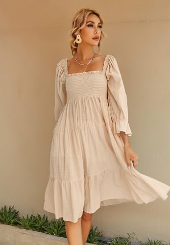 R.Vivimos Women's Summer Cotton Plaid Puff Sleeves Bow Casual Off-Shoulder Boho Midi Dress3