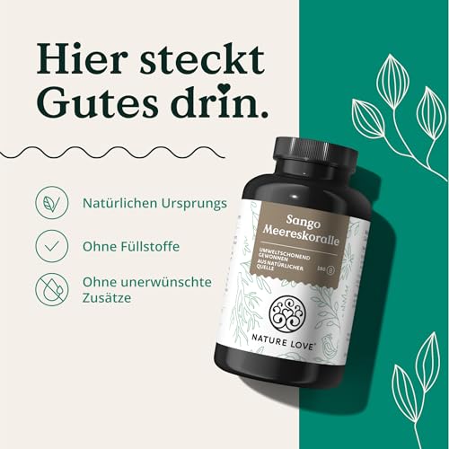 NATURE LOVE® Sango Meereskoralle - 180 Kapseln - Natürliche Quelle für Calcium (20%) und Magnesium (10%) im körpereigenen Verhältnis von 2:1 - laborgeprüft und in Deutschland produziert.