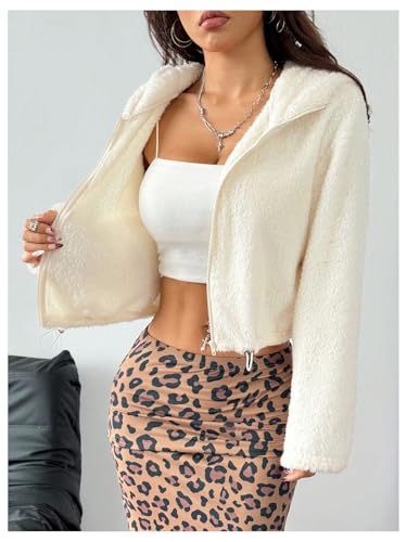 MakeMeChic Women's Faux Fur Bunny Ear Crop Teddy Coat Full Zip Drawstring Long Sleeve Fleece Outerwear3