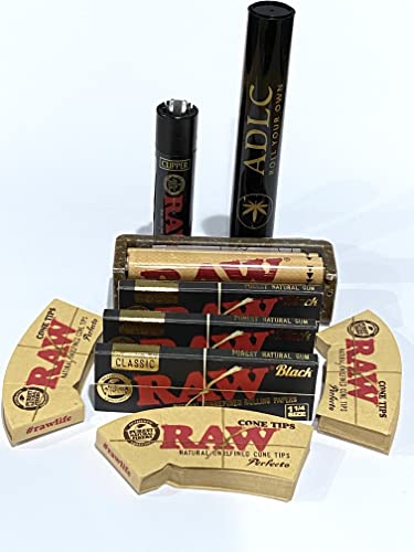 Raw Black Rolling Paper 1 1/4 by DeLaCruzV (3 Packs) Raw Cone Tips (3 Packs) Plus Raw Roller 79MM, Raw Black Clipper and Small DoobTube.