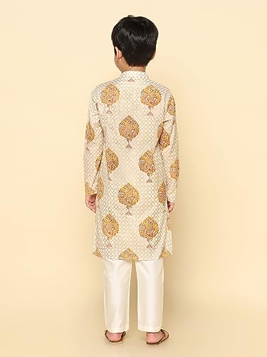 Image of KISAH Kid's Full Sleeves Cotton Blend Knee Length Printed White Kurta Pyjama Set (3-4Y)
