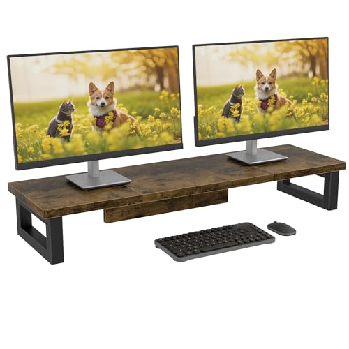 OYRREU Soporte Monitor Escritorio, 91x26cm Elevador Monitor Doble Escritorio Soporte para Monitor, Soporte Pantalla Ordenador TV PC Monitor Stand Accesorios Escritorio, Madera rústica