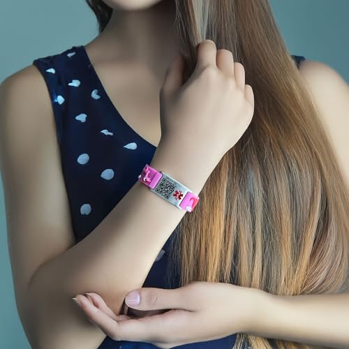 Image of LinnaLove Medical Alert ID Bracelet - Custom or Pre-Engraved, QR Code Available,Blue Dinosaur Band