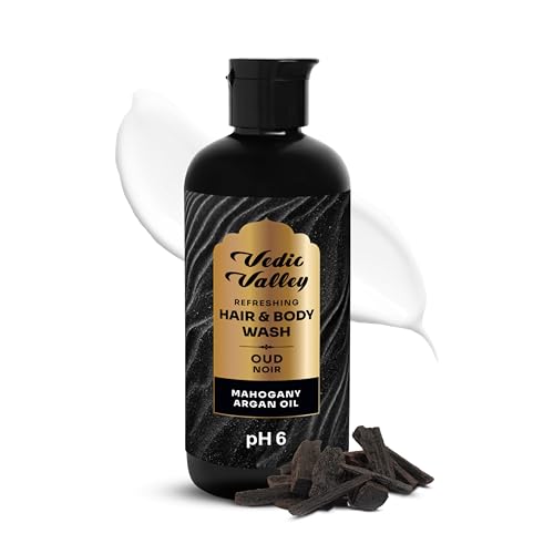 Image of VEDIC VALLEY Oud Noir Hair & Body Wash with Mahogany and Argan Oil | Paraben Free Body Wash for Men & Women Helps Reduce Hair Fall & Supports Healthy Growh | Brightens Skin, Nourishes & Moisturizes Formula | 300 ml