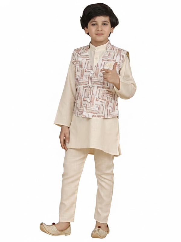 Image of superminis Boys Cotton Printed Full Sleeves Kurta Pyjama with Jacket Ethnic Wear Set