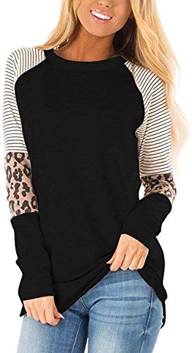 TODOLOR Women's Long Sleeve Leopard Print Color Block Tunic Round Neck Striped Shirts Casual Blouses Tops (XL,Black)