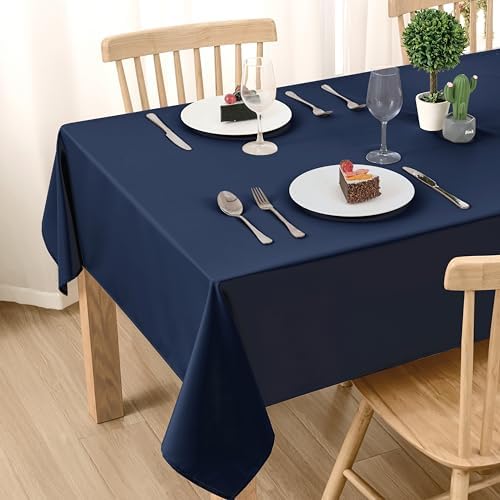 DWCN Dunkelblau Tischdecke Outdoor Wetterfest 140x280cm Fleckschutz Stoff | Abwaschbar Wasserabweisend Tischwäsche Abwischbare Wasserdicht Tischtuch für Esszimmer, Garten, Party, H