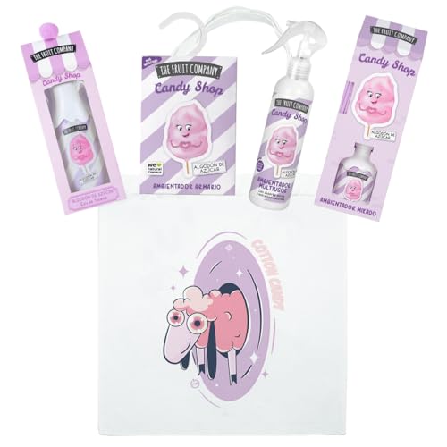 The Fruit Company Estuche Regalo Algodón de Azúcar Candy Shop – Ambientador Multiusos + Mikado + Colonia en Spray + Tote Bag – Set Aromático Dulce (+45 Días de Fragancia)