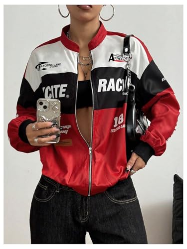 GORGLITTER Women's Racing Bomber Jacket Y2k Vintage Graphic Zip Up Lightweight Jackets Color Block Varsity Coats Streetwear4