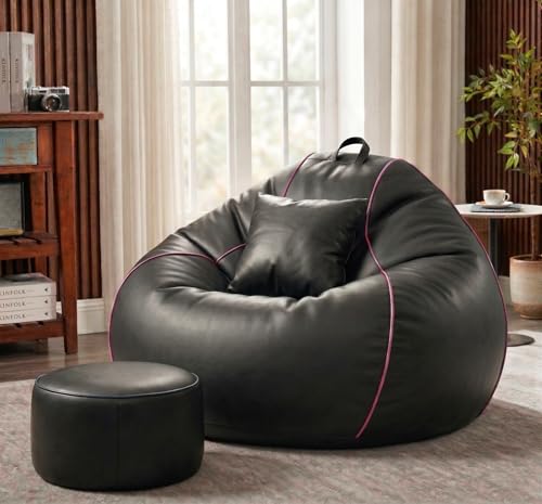 Image of Sattva Piping 3XL Sofa Style Bean Bag Chair with Beans Filled | Faux Leather Bin Bags Sofa Combo with Footstool & Cushion | Large Beanbags for Adults, Teens & Home - Black with Pink Piping