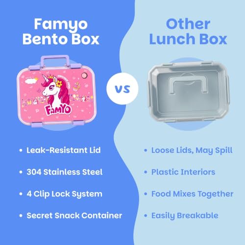 Image of Famyo Stainless Steel Lunch Box for Kids, with 3 Compartments, 800ml (Pink) | Bento Lunch Box | Leakproof Tiffin Box | BPA-Free & Food Safe, Ideal for Meals & Snacks