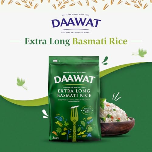 Daawat Extra Long Basmati Rice with Exceptional Length, Aromatic Flavour, Fluffy Grains, Elongates up to 24mm when Cooked, Non-Sticky and Ideal for all types of Dishes - 5Kg