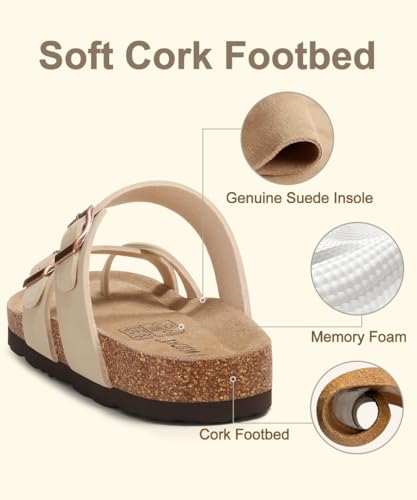 Image of KIDMI Women's Cork Footbed Sandals with Toe Loop, Comfortable Summer Slip-On Slides with Adjustable Buckle