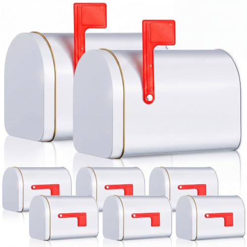 Image of 8 Pcs 6.4x4.5inch Mini Mailbox White Tinplate Mailbox Toy for Kids Small Mailboxs with Raised Signal Flags Post Mount Mailboxes for Boys and Girls DIY Projects Preschoolers Gift Exchange Activities