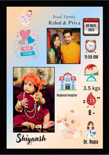 Image of Personalized Baby Birth Announcement Photo Frame, Marble Design with Birth Details and Parents Photo, A4 Size Black, 2 Photo(s), 10 X 13 Send photos WP -8905457154, Order id, Birth Memory Photo Frame (1, Yellow 2)