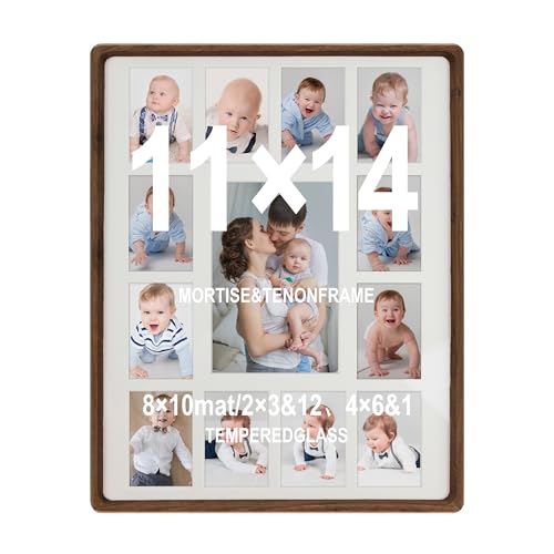 Framever 11x14 Walnut Wood Baby Keepsake Picture Frame with Real Glass and Double Mat My First Year Collage for 12 Small Photos and 1 Large Wall Mount or Tabletop Display