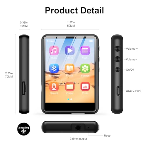 Image of SWOFY 64GB MP3 Player with Bluetooth 5.3, 2.4-Inch Full Touch Screen, Portable Lossless Sound Music Player with HD Speaker, MP3 with FM Radio Recording e-Book, Record, Earphone Included-Gray
