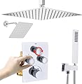 NPYSVSSS Dual Shower Heads Shower System with 16" Ceiling Mounted Rain Shower Head & 6" Wall Mounted Head Full Body Shower System 3 Way Thermostatic Shower Valve, Polished Chrome