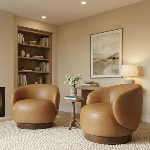 Image of KISLOT Swivel Accent Chair Modern Round Barrel Armchair with Upholstered Faux Leather for Living Room Bedroom Waitingroom,1 Box,Brown
