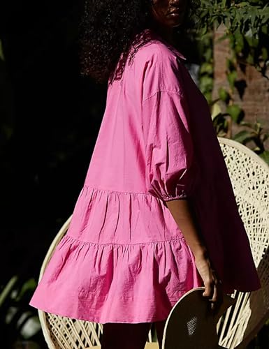 Image of HangNiFang Women's Summer Babydoll Mini Dress Flowy Puff Sleeve Tiered Button Down Oversized Tunic Dress with Pockets