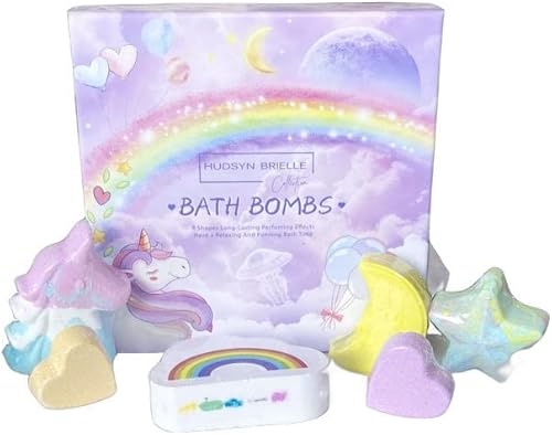 Hudsyn Brielle Collection Juego de bombas de baño de unicornio arcoíris para niñas, 9 piezas hechas a mano con burbujas de baño, bombas de baño
