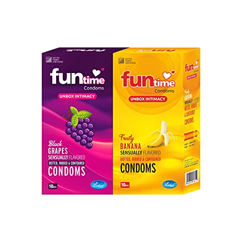 Image of Funtime Flavoured Dotted Ribbed And Contoured Long Lasting Condoms for Men Count 10 - Combo (Pack of 2 Black Grapes, Pack of 2 Fruity Banana) Total 40 pcs