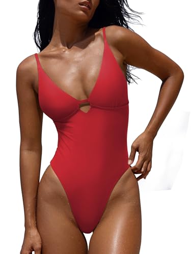 LASLULU Womens One Piece Swim Suits Tummy Control Summer Monokini Strappy Backless Bathing Suit Beach Outfits Built in Bra(Red Medium)