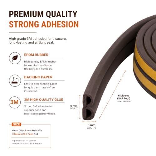Image of MMT Acoustix Door Gap Filler | EPDM D Shape Self Adhesive Weather Stripping Seal Strip | Main Entry Door Seal | 18 Ft | Brown | 1 Pc