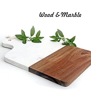 Cutting Board with Marble and Natural Wood,Serving Board for Steak Fruits with Handle,Chopping Board for Bread as Serving Trays (White) Cutting Board with Marble and Natural WoodServing Board for Steak Fruits with HandleChopping Board for Bread as Serving Trays White