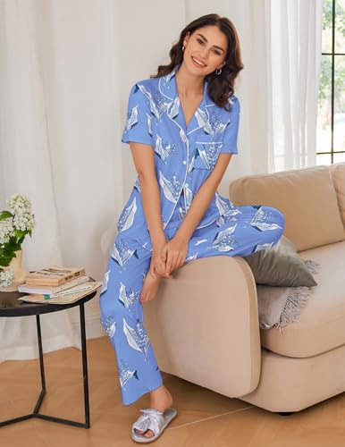 Image of Ekouaer Womens Pajamas Set Short Sleeve Button Down Top & Pants Lounge Pjs | Soft Sleepwear with long pants, ideal for Home relaxation, Wedding, Party, Daily Wear & Breastfeeding