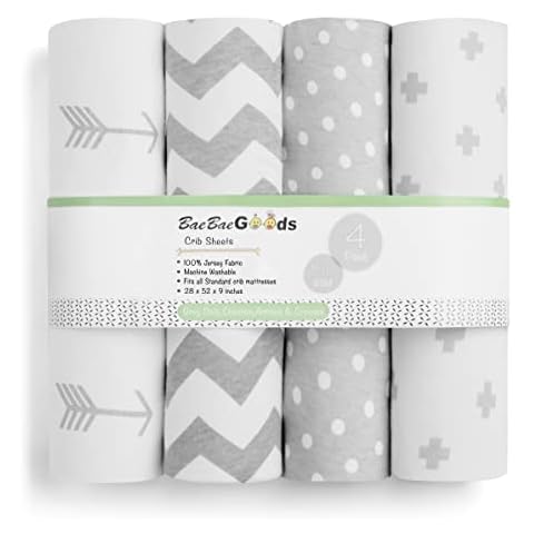 BaeBae Goods Premium Crib Sheets for Baby Boys and Girls, 4 Pack, Soft and Breathable Jersey Knit Fitted Sheet Set, Grey and White, Cute Gender Neutral Nursery Mattress Bedding, Universal Fit Cover