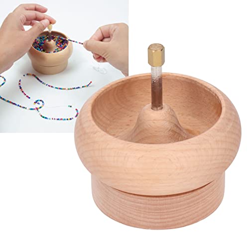Wooden Bead Spinner with Metal Rod for Seed Beads Large Eye Needle Compatible Handheld Beading Kit for DIY Jewelry Making Craft Manual Turning Bowl