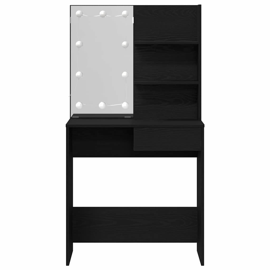 Schminktisch Schwarz Eichen-Optik Holzwerkstoff mit LED Beleuchtung und Flachspiegel 74,5 x 40 x 141 cm, Stauraum mit Schublade und Regal für Schlafzimmer, Makeup, Pflege und Organizer