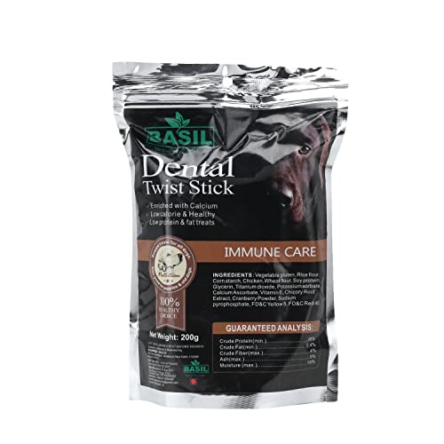 Image of Basil Immune Care Twisted Chew Sticks Pets Treats and Chews, Light and Healthy for Dogs (200gms in a Packet) Dental Cavities and Cleans - Pack of 1