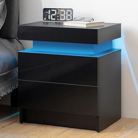HOMMPA LED Nightstand Black Nightstand with Led Lights Modern Night Stand with 2 High Gloss Drawers Led Bedside Table Smart Nightstand for Bedroom 20.5” Tall Cover