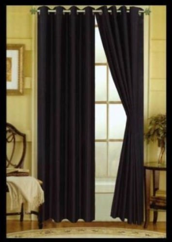 TWO BLACK faux silk grommet window PANEL curtain dropes treatment 55 x 84" BRIGHT COLOR SHINY LOOK GREAT QUALITY