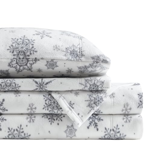 Image of True North by Sleep Philosophy Soft & Cozy Micro Fleece Sheet Set, Fitted Sheets Deep Elastic Pocket Fits Up to 16 inch Mattress, Warm Winter Bedding, Fleece Bed Set Queen Snowflake Boho 4 Piece