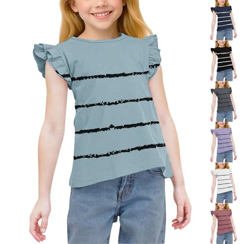 Girls Ruffle Flutter Sleeve Cute T-Shirts Casual Striped Loose Crewneck Tees Summer Tops for Kids 3-15 Years2