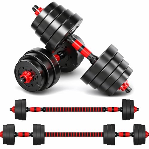 Riscko Juego de Mancuernas 2 en 1 10,15,20,30,40 y 50kg con Barra Recta Ajustable discos Recubiertos (10 Kilos)