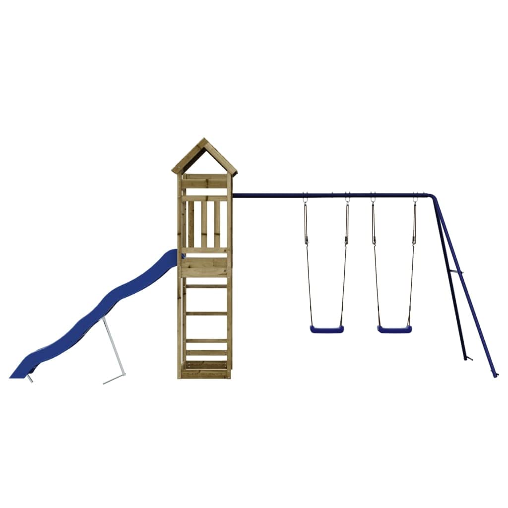 Torre giochi in legno di pino impregnato con scivolo ondulato, doppia altalena e sabbiera, piattaforma da 118 cm, parco giochi da giardino per bambini da 3 a 8 anni all'aperto