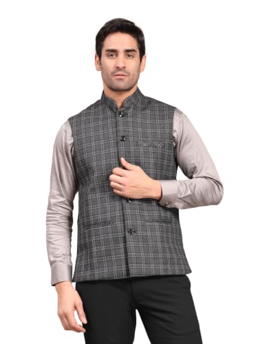 Image of Vastraa Fusion Men's Traditional Woolen Nehru Jacket Modi Waistcoat (VS4423-BLACK CHECK-2-)