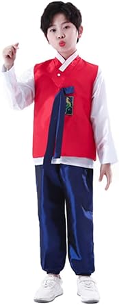 Boys Traditional Korean Dolbok Shirt Top Vest Costume Asian Pants Suit Set Outfit Red, 5-6 Years