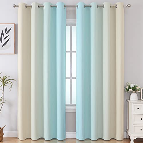 Estelar Textiler Aqua and Beige Blackout Curtains 102 Inch Length 2 Panels Set, Thermal Insulated Ombre Grommet Drapes for Bedroom, Full Room Darkening Gradient Curtains for Living Room,52Wx102L