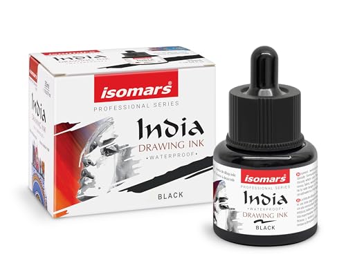 Image of Isomars Waterproof Drawing Ink with Dropper - 35ml | Black India Ink for Calligraphy, Art, Technical Drawing | Fade-Resistant & Quick-Drying (Black)