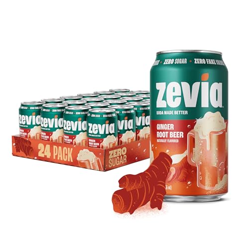 Zevia Zero Sugar Soda, Ginger Root Beer, 12 oz Cans (24-Pack) – Naturally Sweetened, Zero Calorie Sugar Free Soda - Non-GMO Project Verified, Gluten-Free, Vegan