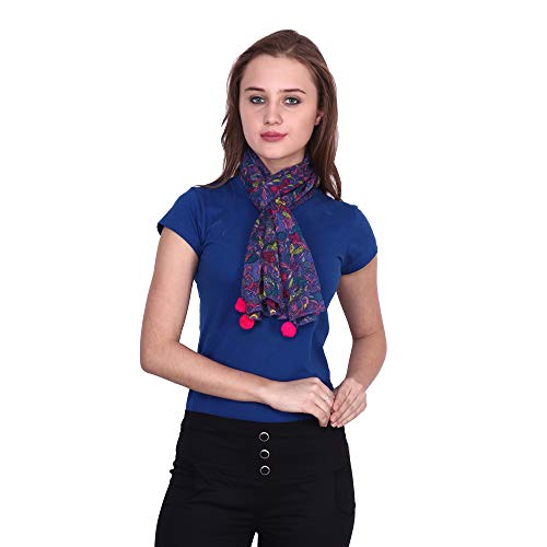Image of POPWINGS Casual Yellow Printed Chiffon Scarf with pom-pom work