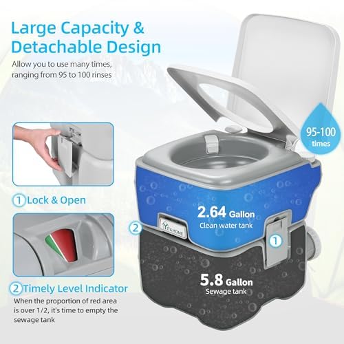 Image of YITAHOME Portable Toilet for Adults, 5.3 Gallon Camping Porta Potty with Carry Bag, Hand Sprayer, Level Indicator, Handle Pump and Leak-Proof, Indoor Outdoor Toilet for RV Travel, Boat, Hiking, Trips